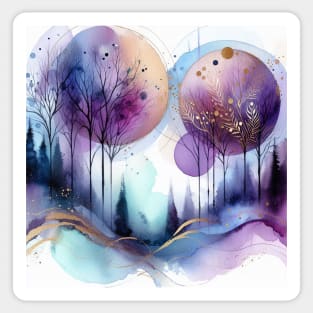 Abstract Watercolor Trees Purple and Gold Sticker